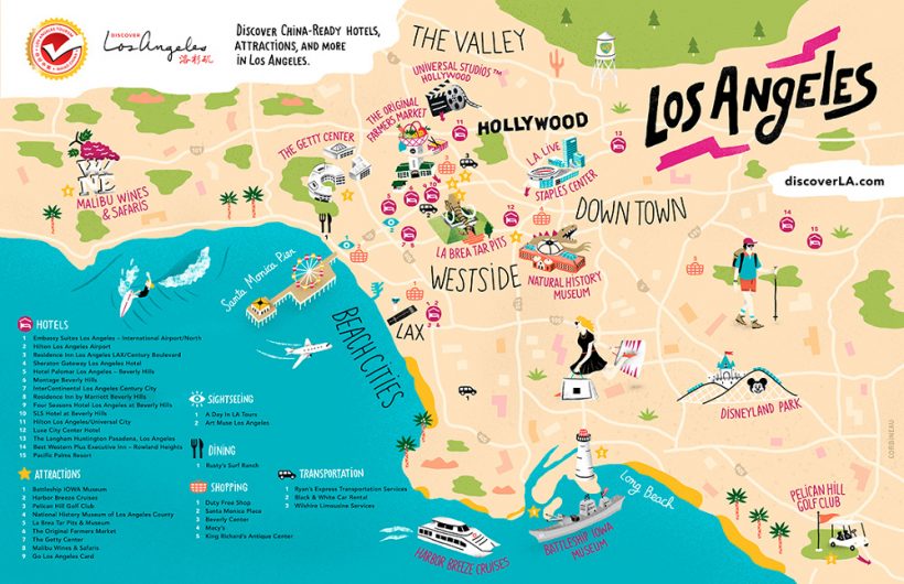 Los Angeles Tourism Map Antoine Corbineau Map Illustration English 1000 820x530 